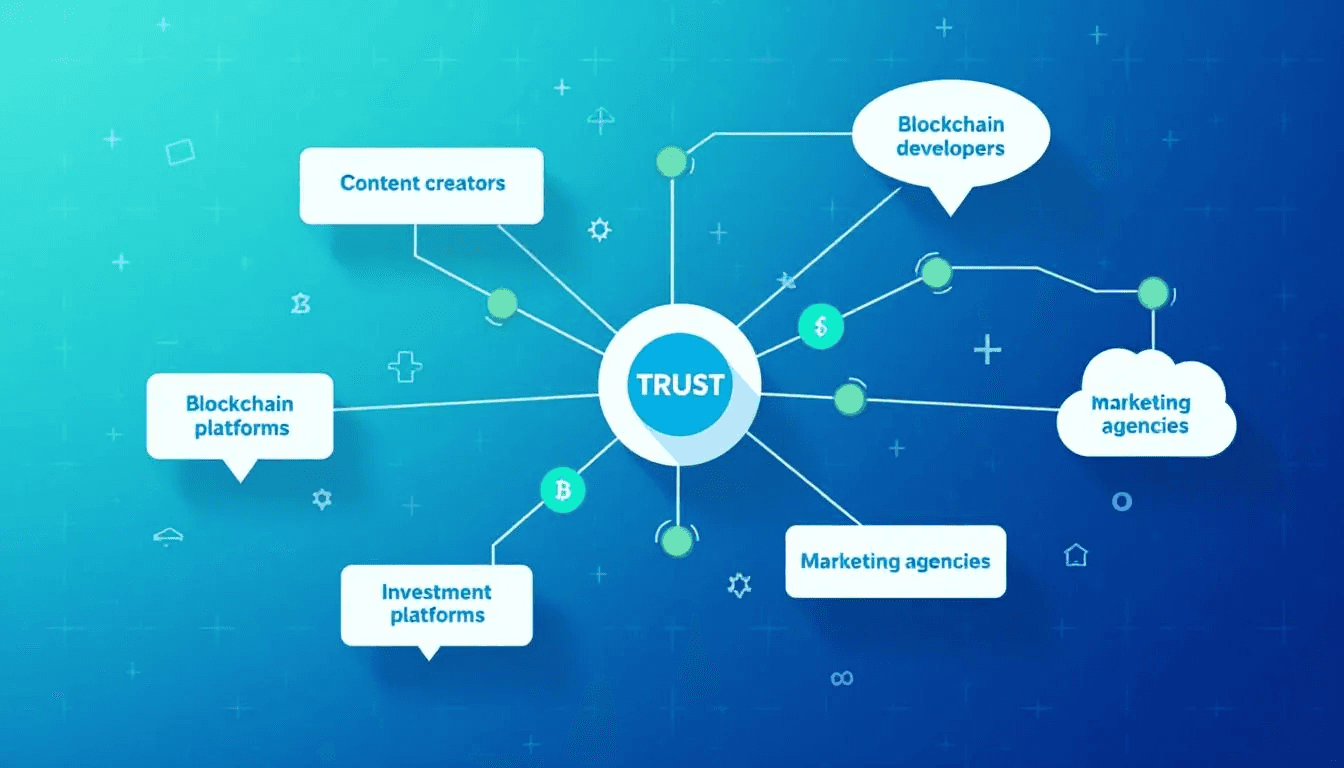 The image depicts a vibrant ecosystem showcasing strategic partnerships within the Bitcoin creator economy, highlighting decentralized autonomous organizations and innovative solutions that empower global creators. It illustrates how blockchain technology and smart contracts enable direct relationships between creators and their audiences, fostering new monetization models and protecting intellectual property in a rapidly evolving digital landscape.