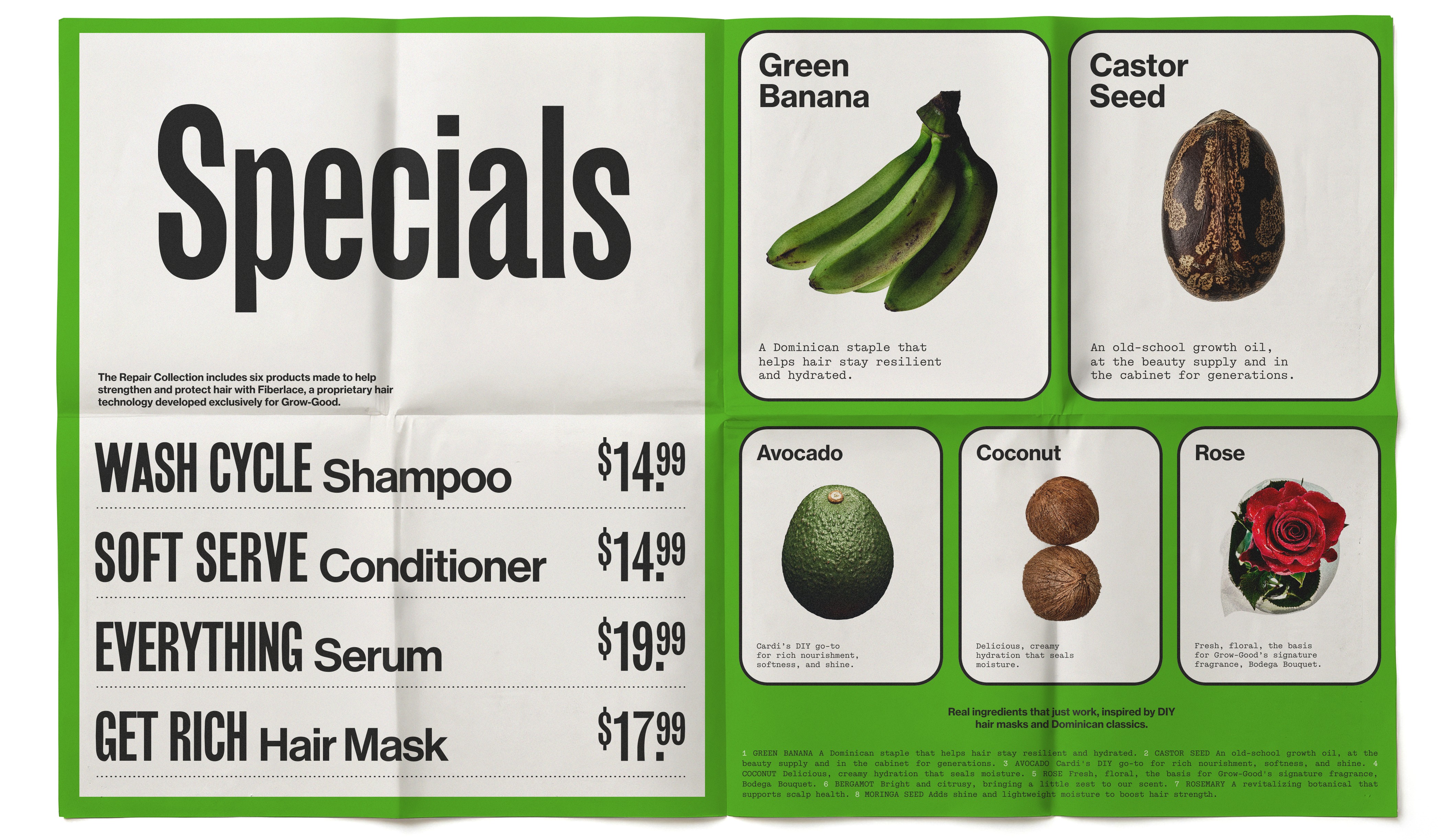 Grow-Good Beauty product menu designed as a grocery store promotions circular— Wash Cycle, Soft Serve, Everything Serum, Get Rich Hair Mask