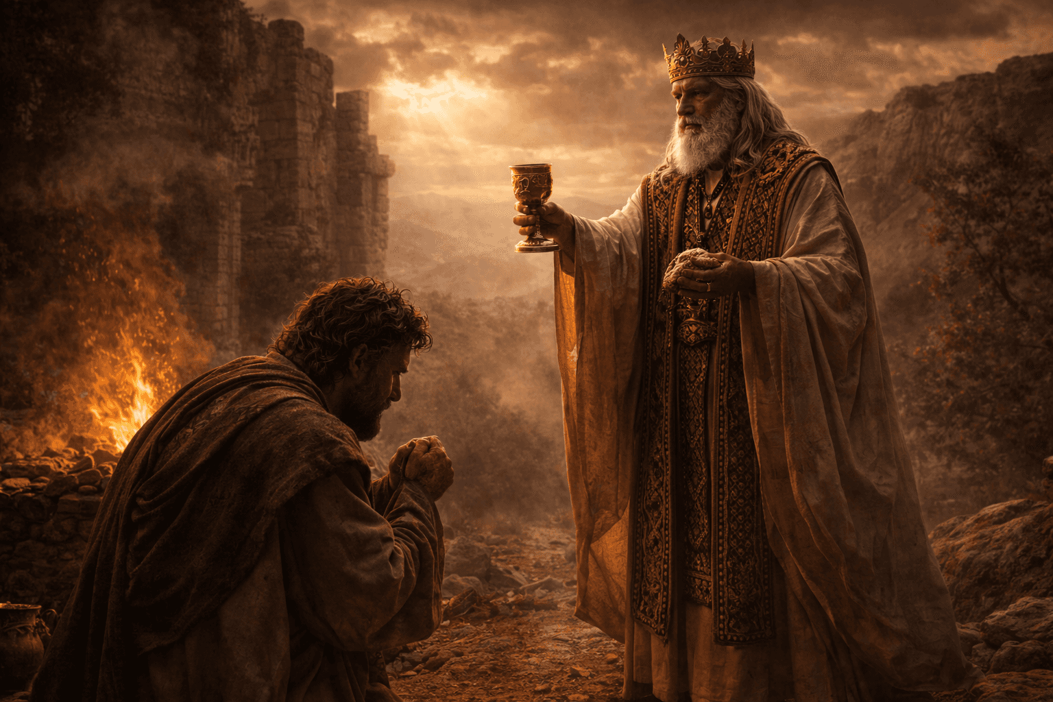Cinematic image of Melchizedek blessing Abraham with bread and wine, symbolising the mysterious priest-king in Genesis 14 and Hebrews