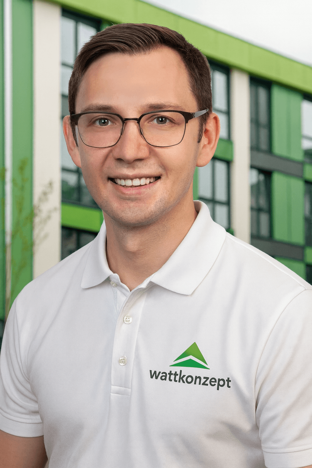 Christian Scheller, Energieberater bei wattkonzept, mit weißem Poloshirt vor modernem Gebäude mit grünen Fassadenelementen.