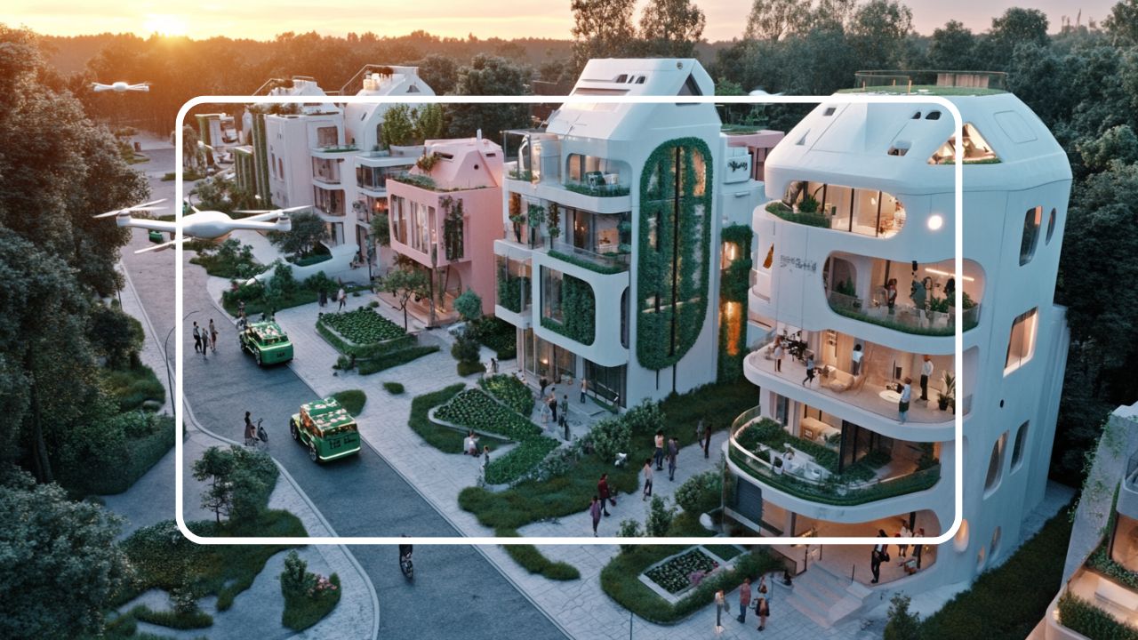 Futuristic eco-friendly neighborhood with modern green buildings, delivery drones, and autonomous vehicles at sunset
