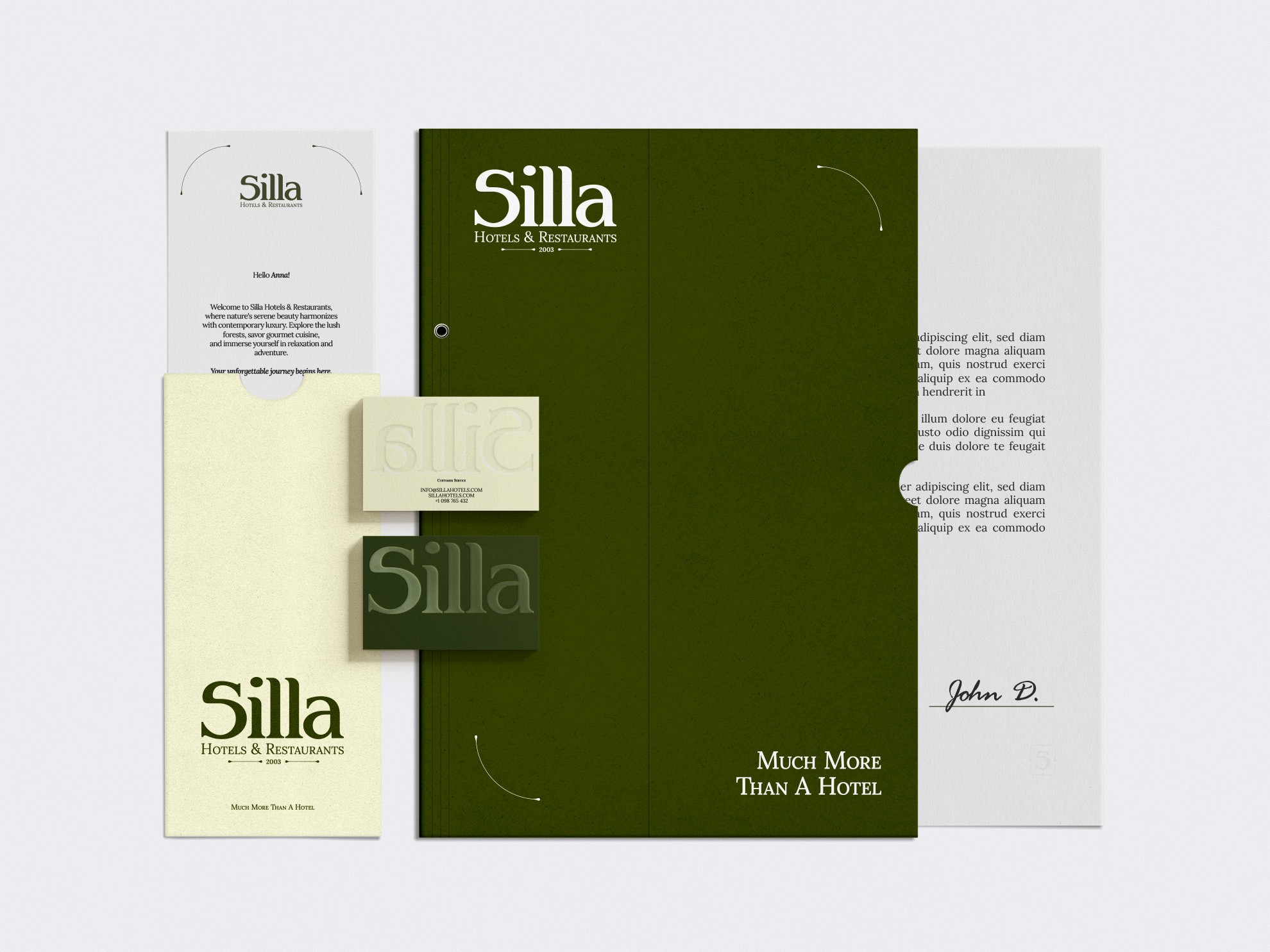 Silla Hotels And Restaurants Letterhead Folder Business Cards Invitation Card In Use, Green Folder, Green Business Cards, Silla Hotels And Restaurants Stationery In Use