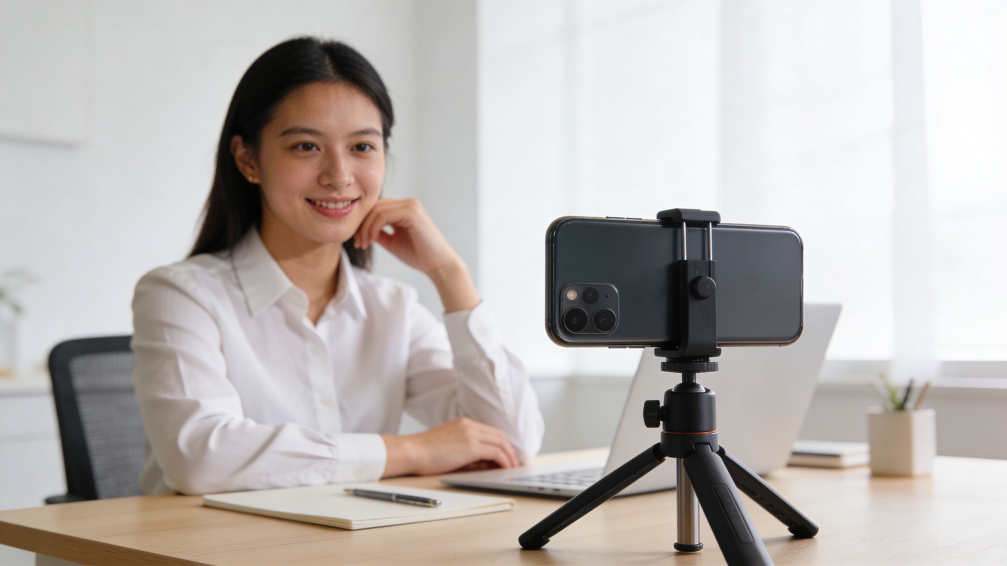 Eine junge Frau lächelt in ihr Smartphone, das auf einem Stativ für ein professionelles Videogespräch steht.