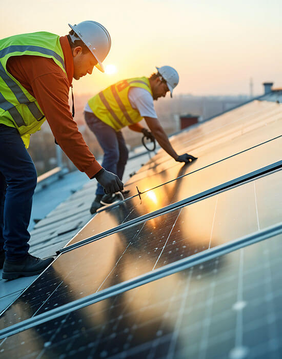 two men fix the solar panel 