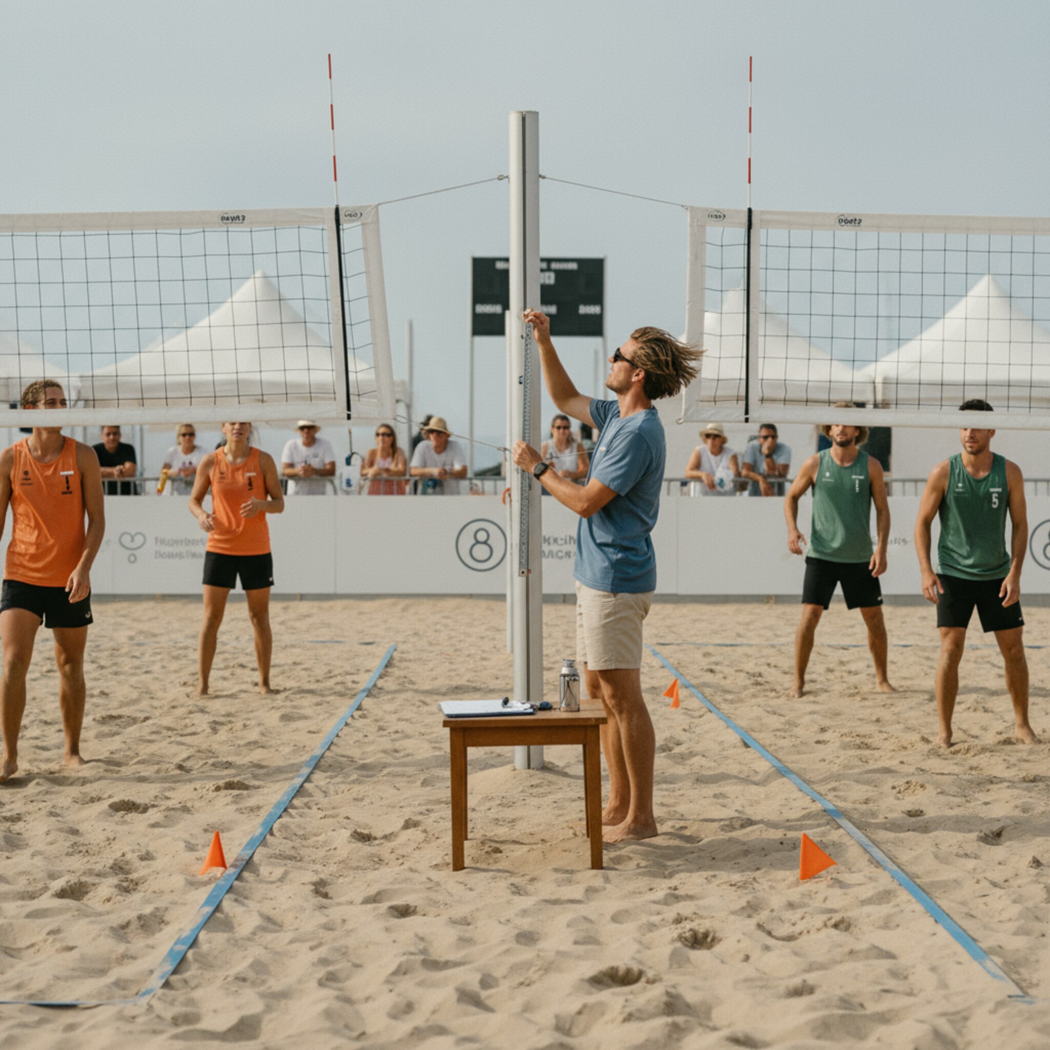 Am Rand eines Turniers richtet ein Helfer die Höhe des Netzes mit einem Messstab, während zwei Teams einspringen. Kleine Flaggen markieren die Felder, eine Trillerpfeife liegt auf einem Tisch. Die Stimmung ist fokussiert, der Ablauf wirkt strukturiert und flexibel. Zuschauer lehnen am Zaun und verfolgen gespannt die Aufwärmübungen.