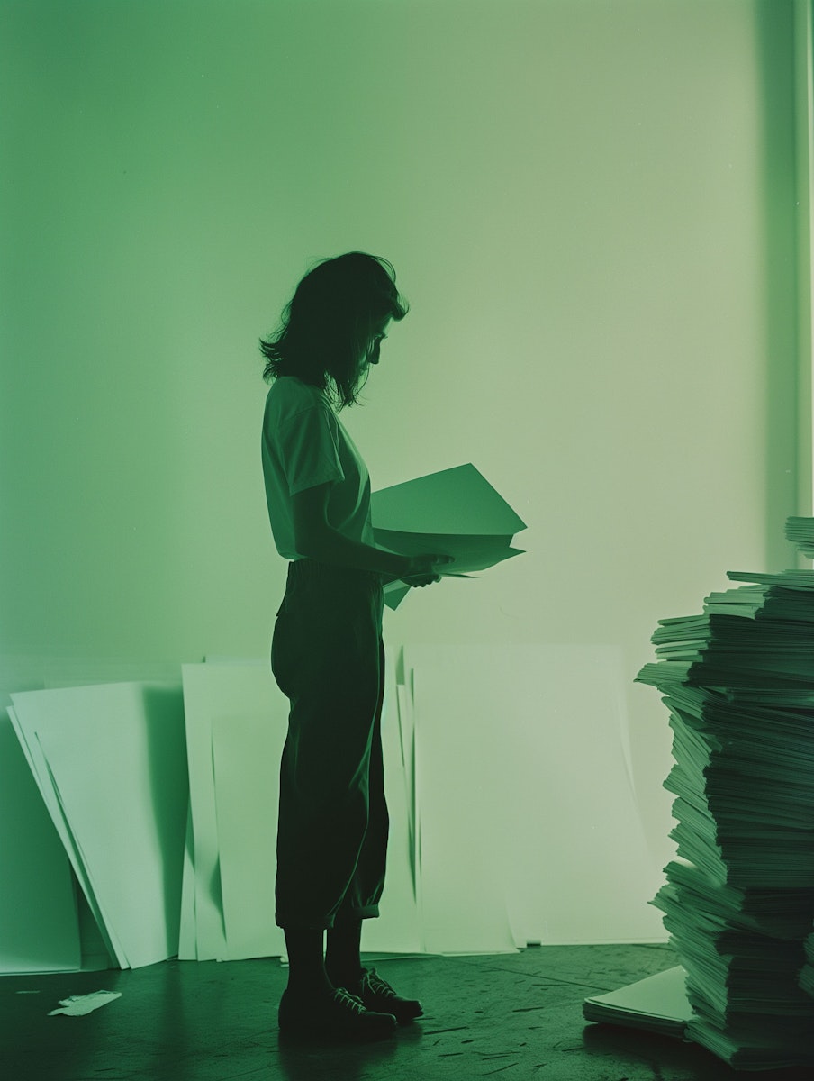 Woman reads a book standing, green ambiant light