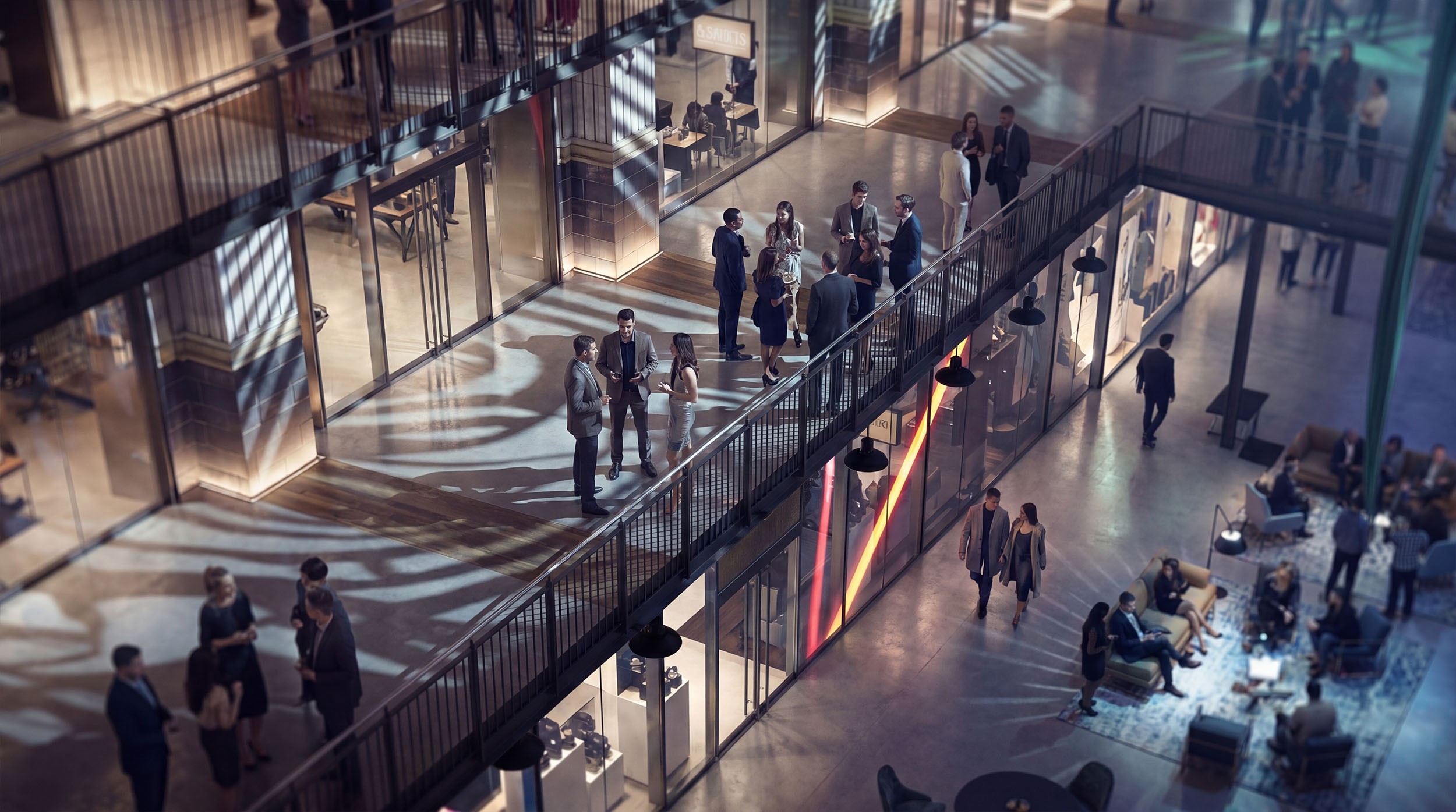 Architectural CGI render of a lively commercial space, architectural visualisation.