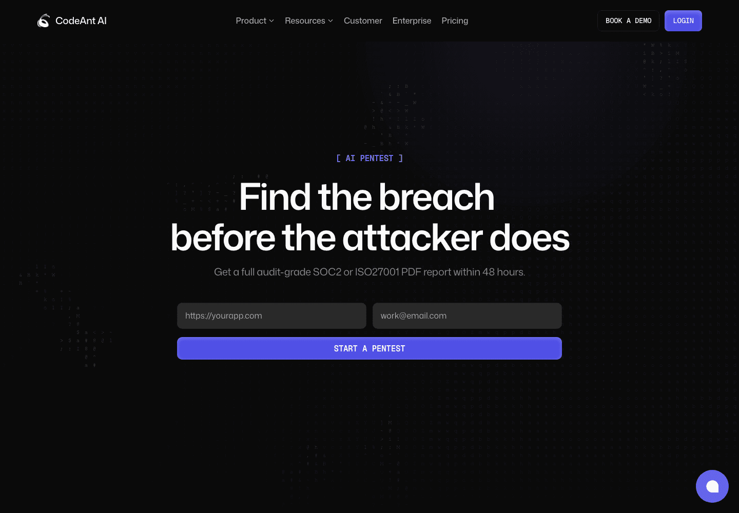 CodeAnt AI pentesting page stating its audit-grade SOC 2 or ISO 27001 report delivery, captured July 31, 2026