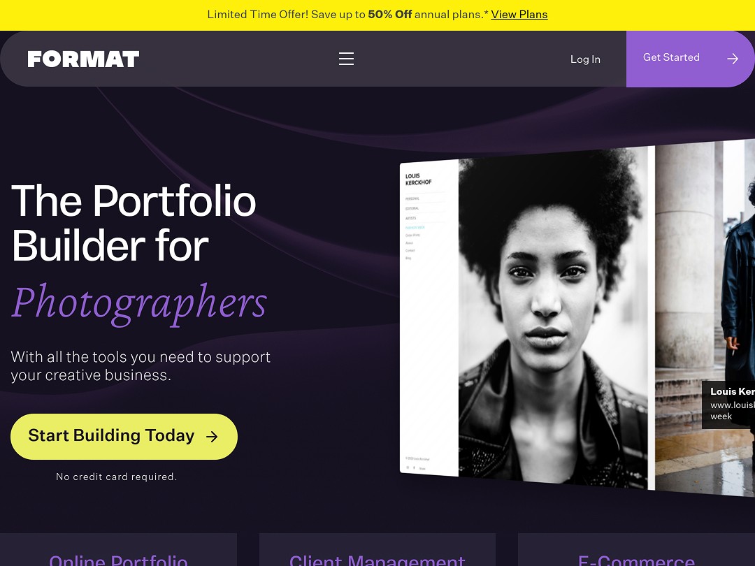 The image shows a webpage interface for a portfolio builder designed for photographers, featuring a bold headline and a black-and-white photograph of a person, with a call-to-action button and navigation menu at the top.