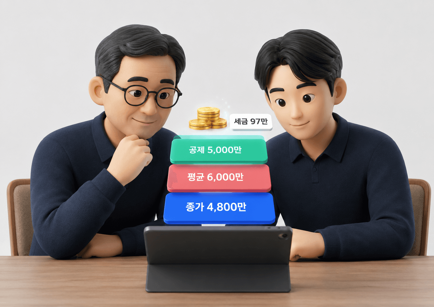 태블릿을 함께 보는 두 사람과 그 위에 층을 이루어 떠 있는 금액 카드 세 장