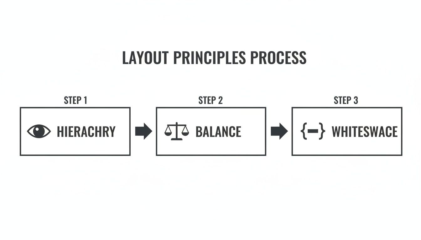 A three-step flowchart illustrating layout principles: Hierarchy, Balance, and Whitespace, with connecting arrows.