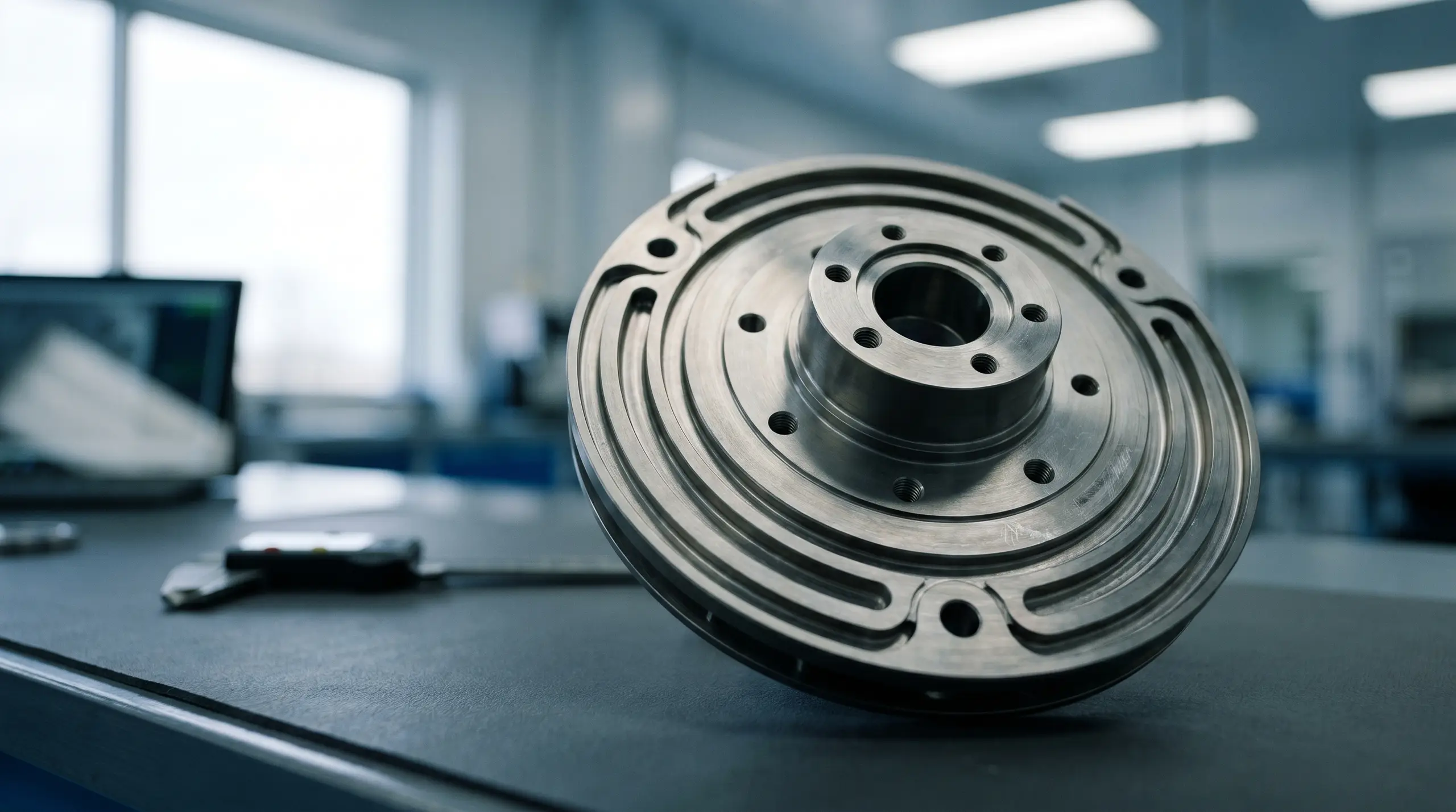 Close-up of a circular machined metal component with concentric grooves and bolt holes, placed on a workbench in an industrial factory. The background is softly blurred, showing machinery and overhead lights.