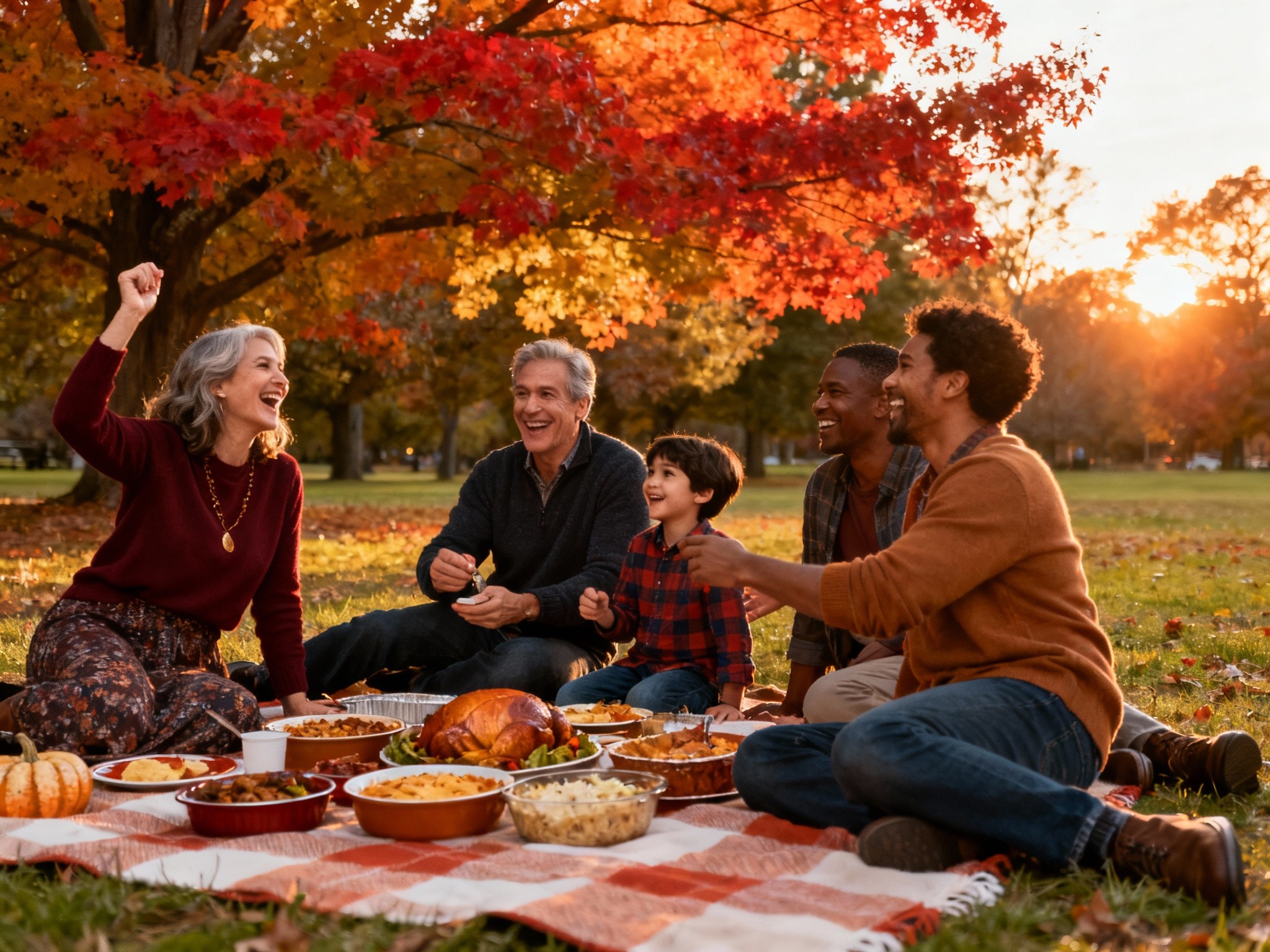 A wide landscape composition of a lively family gathering outdoors at sunset in a park, with vibrant