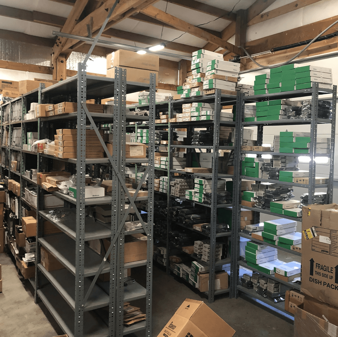 Storage racks full of products in a seller's garage