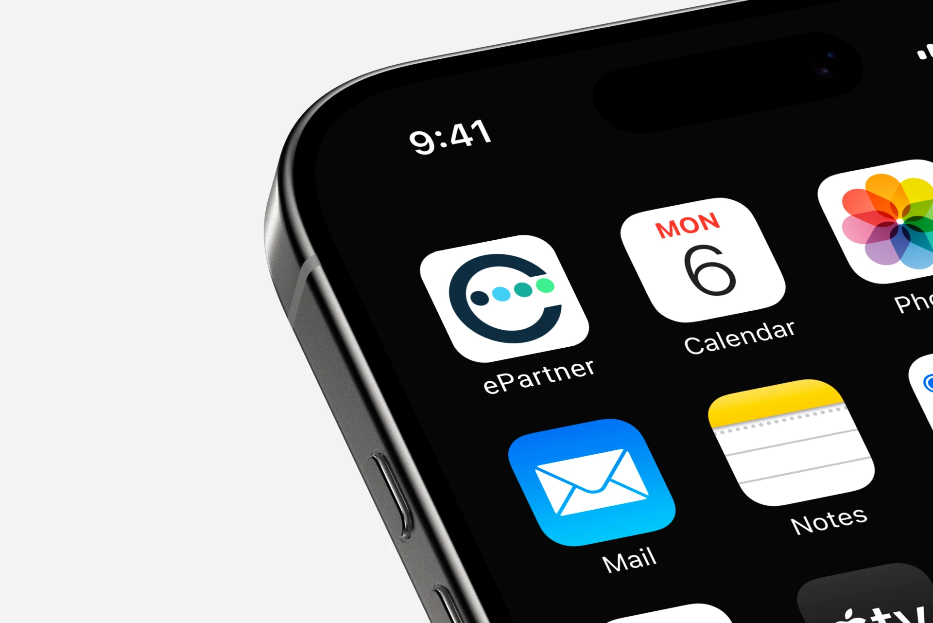 A macro close-up mockup of an iPhone screen displaying the ePartner minimalist tech app icon design by Studio Liminal.