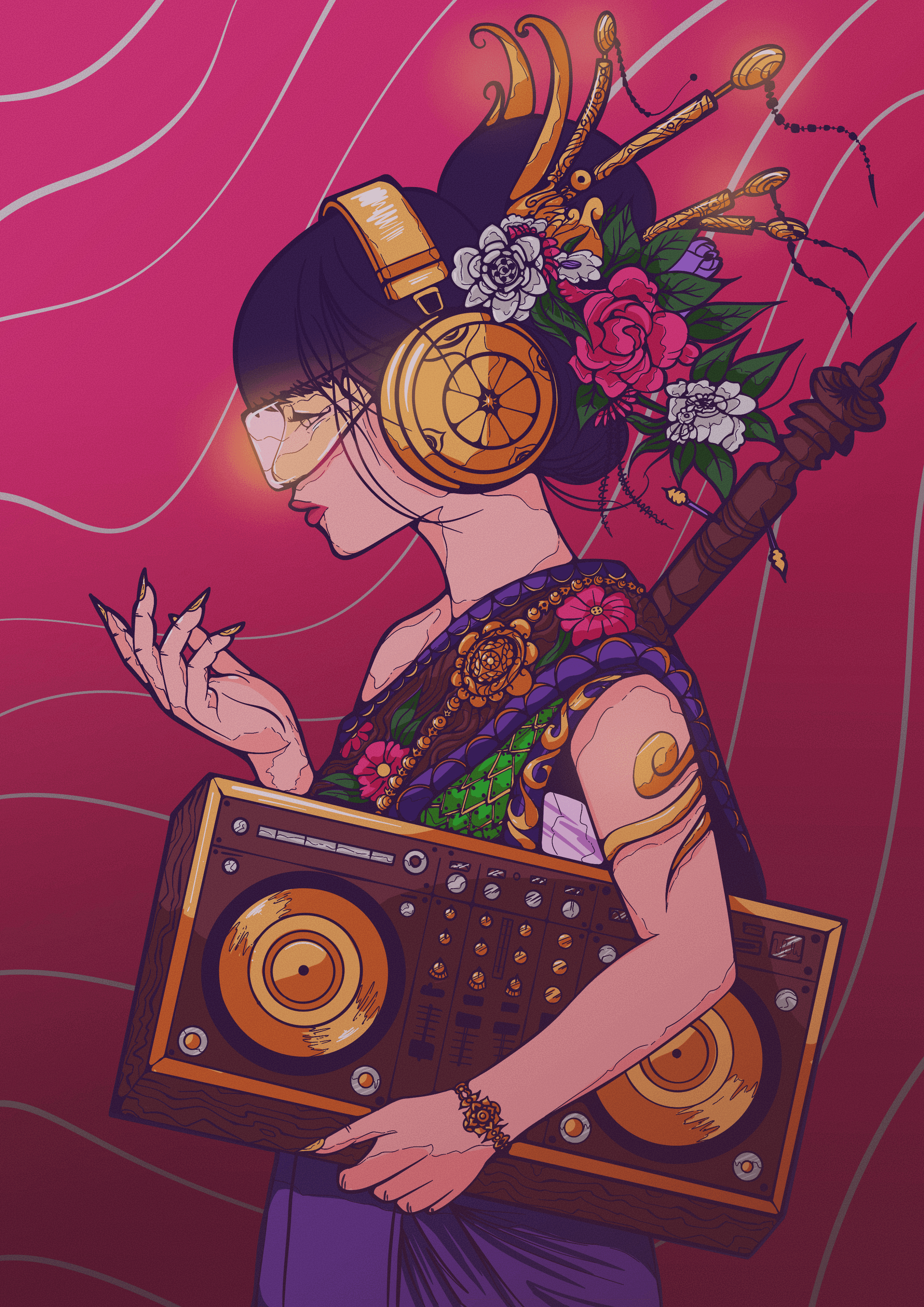 Woman wearing traditional Asian dress playing dj equipment