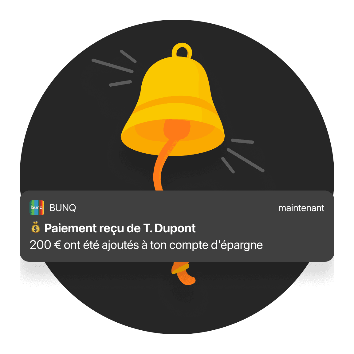 Notification à propos d’un paiement reçu, avec une icône d’une cloche et d’une main tenant une cloche jaune.
