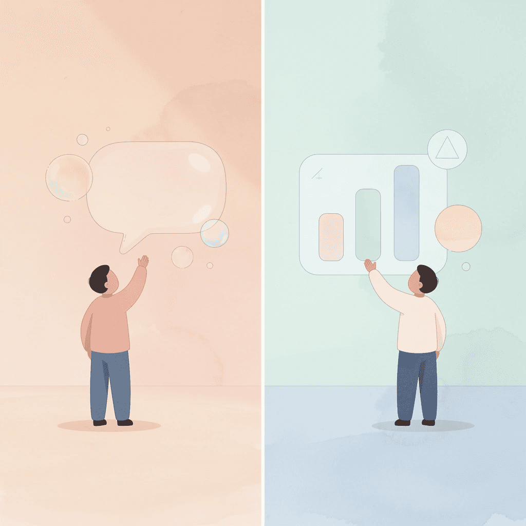 Split scene showing contrast between reading-focused and speaking-focused language learning