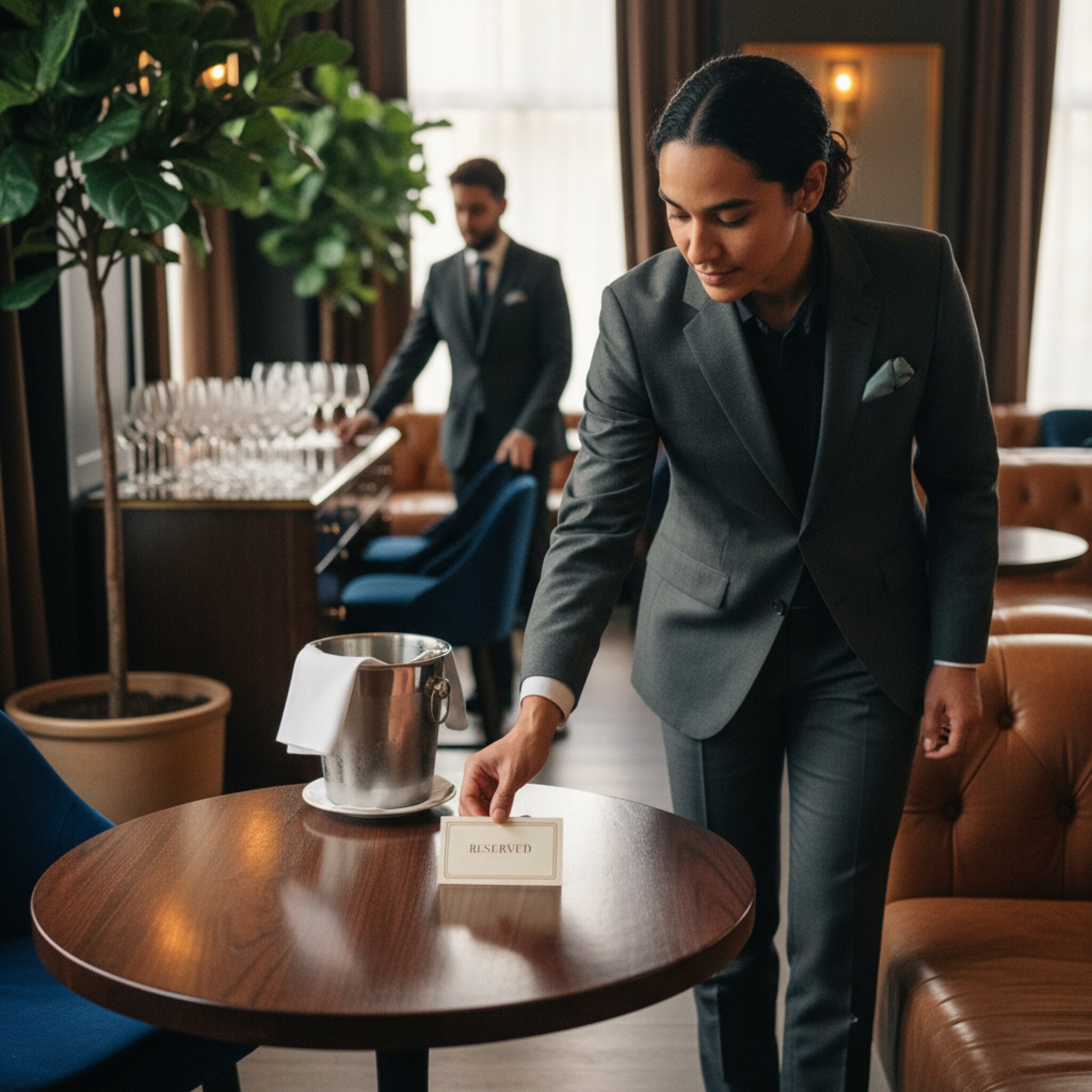 Ein Host legt eine dezente Reservierungskarte auf einen runden Tisch, daneben ein poliertes Eiskübel-Set. Warmes Licht betont die Texturen von Leder und Holz. Im Hintergrund werden Stühle fein ausgerichtet, Gläser schimmern. Die Szene wirkt sorgfältig vorbereitet und hochwertig.