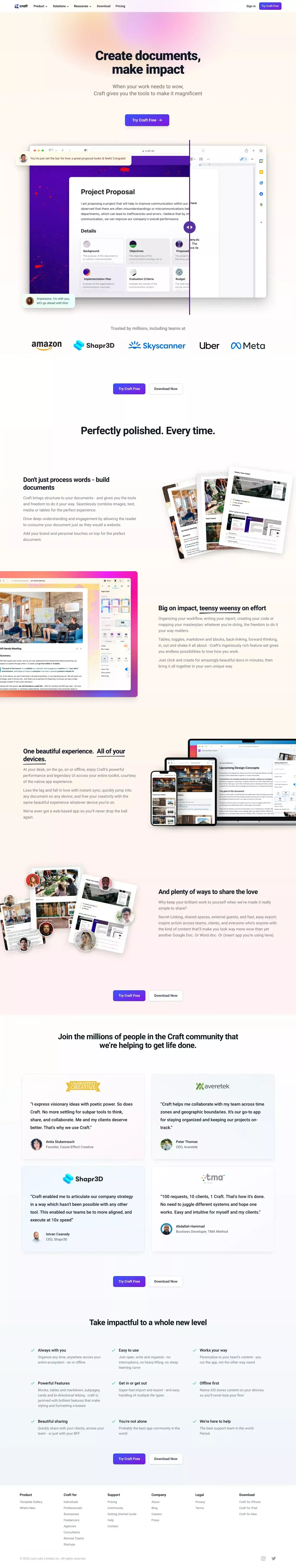 Craft - The Future of Documents landing page screenshot showcasing Design and Tech design