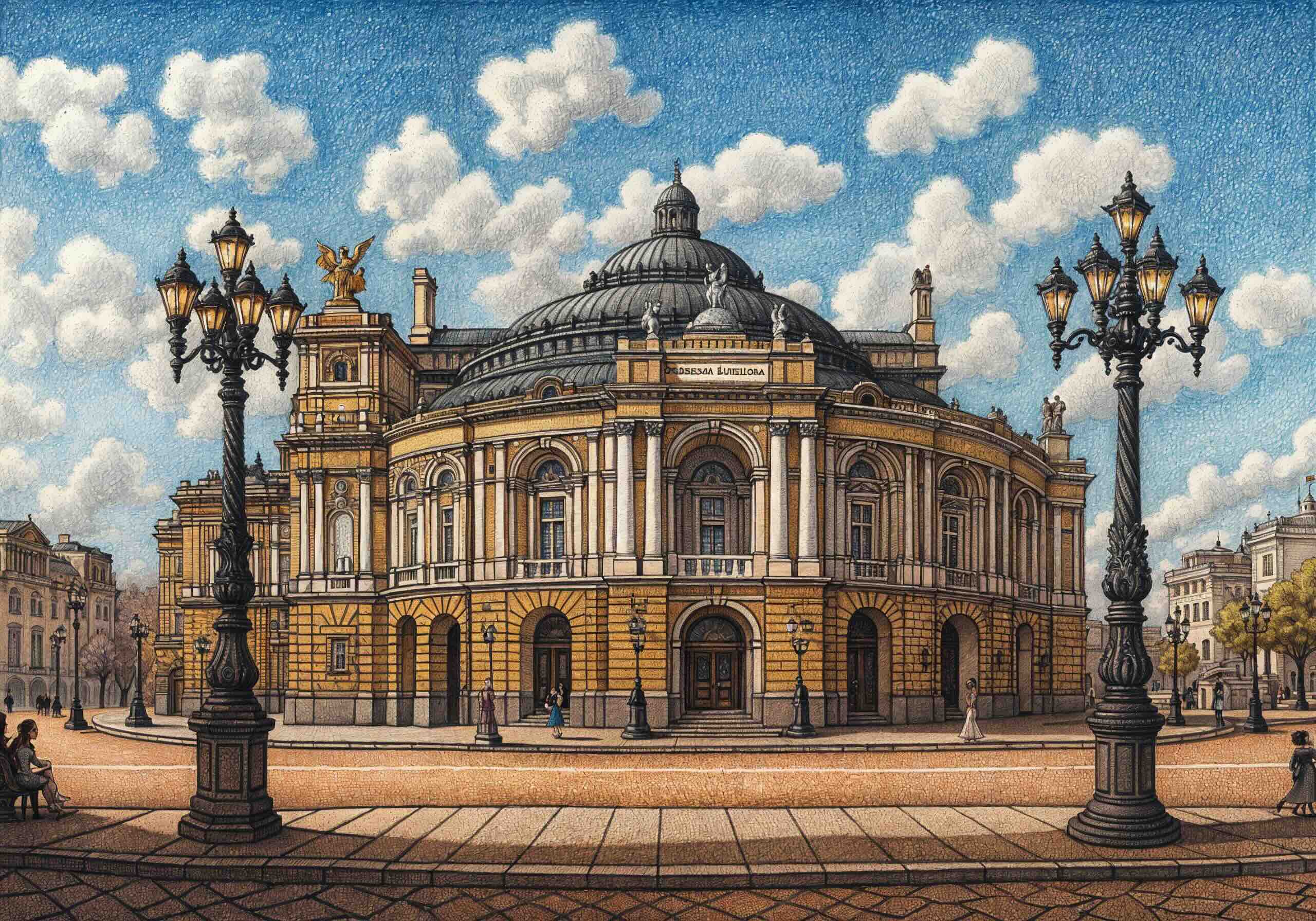 A detailed illustration of the Odessa Opera and Ballet Theatre in Ukraine, showcasing its grand neoclassical architecture, ornate decorations, and a lively city square.