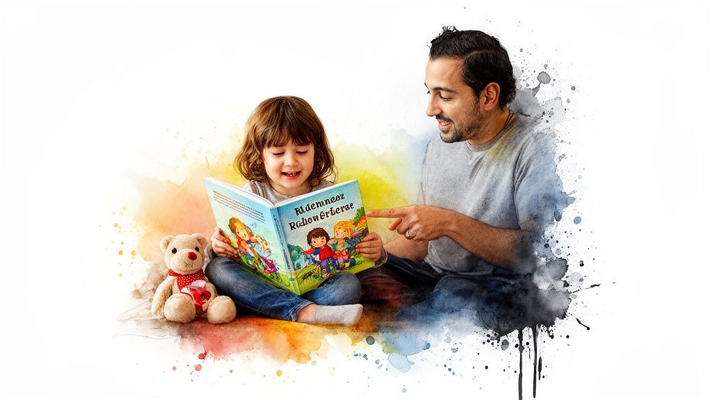 A happy father and daughter engaging in story time, reading a colorful children's book with a teddy bear.