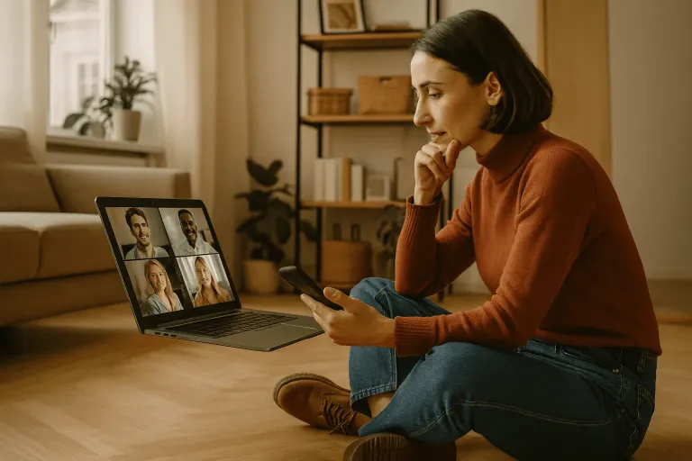 Mitarbeiterin nutzt HR-Chatbot entspannt von zu Hause – flexibler Self-Service rund um die Uhr