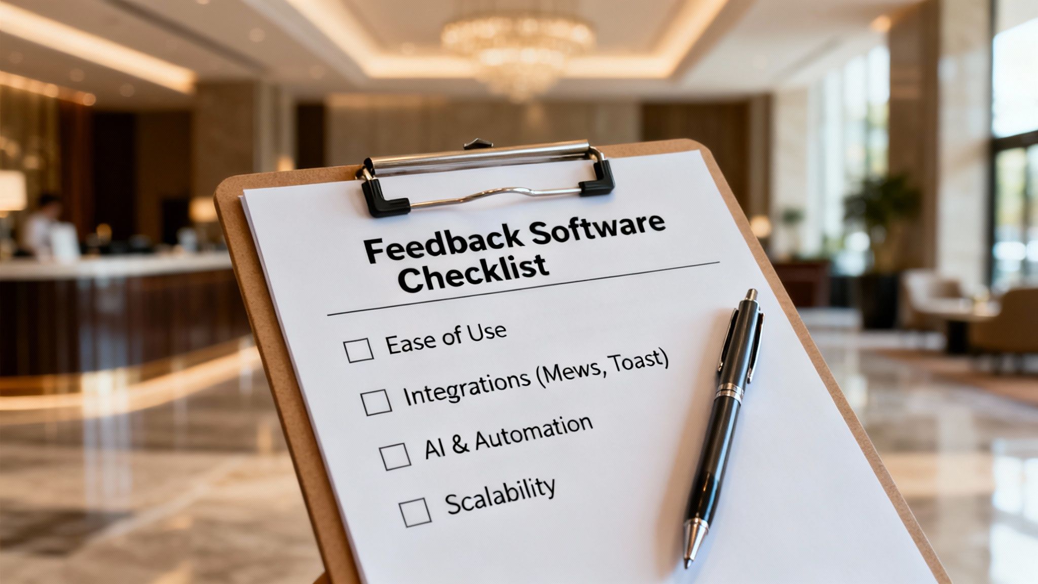Clipboard with a 'Feedback Software Checklist' showing items like ease of use, integrations, and AI.