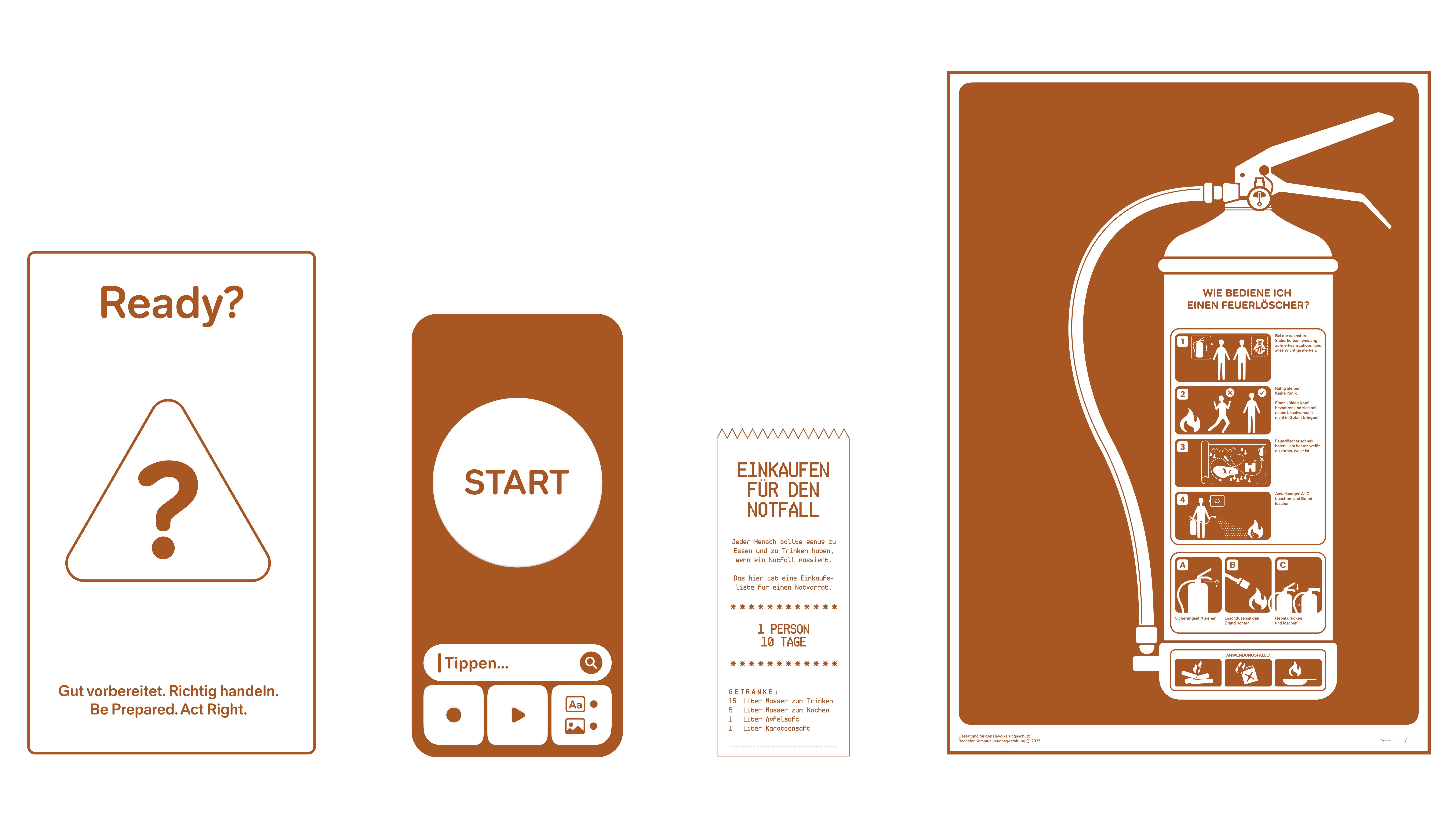 Four minimalist brown-and-white graphics arranged side-by-side: a "Ready?" preparedness card, a smartphone screen with a "START" button, an emergency shopping list for 10 days, and a detailed instructional poster showing a fire extinguisher silhouette with usage steps.