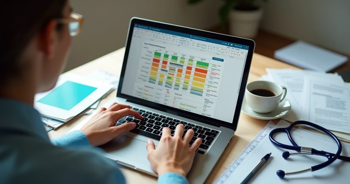 Pessoa sentada à mesa preenchendo uma planilha em um notebook ao lado de registros em papel. 