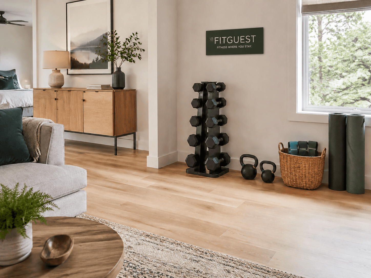 FITGUEST living-room workout setup with vertical dumbbell rack and branded plaque