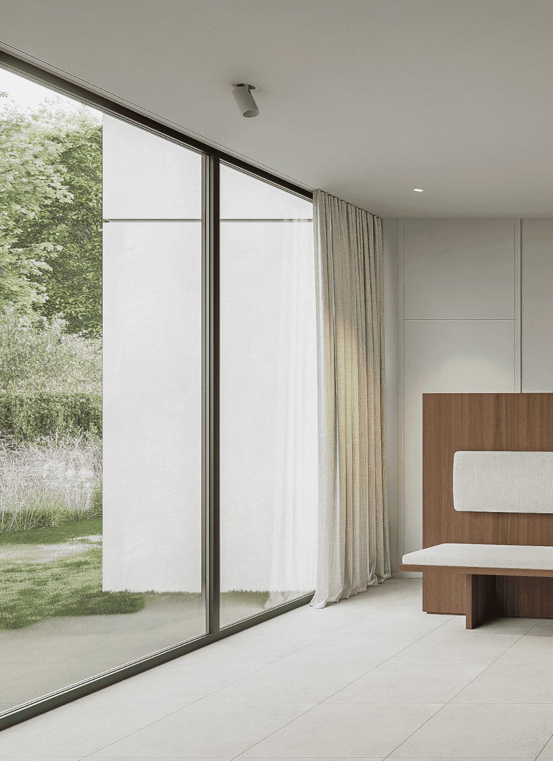 Child walking on a wooden beam with a large tree and swing nearby in a courtyard of modern wooden houses, while another person adjusts a bicycle.