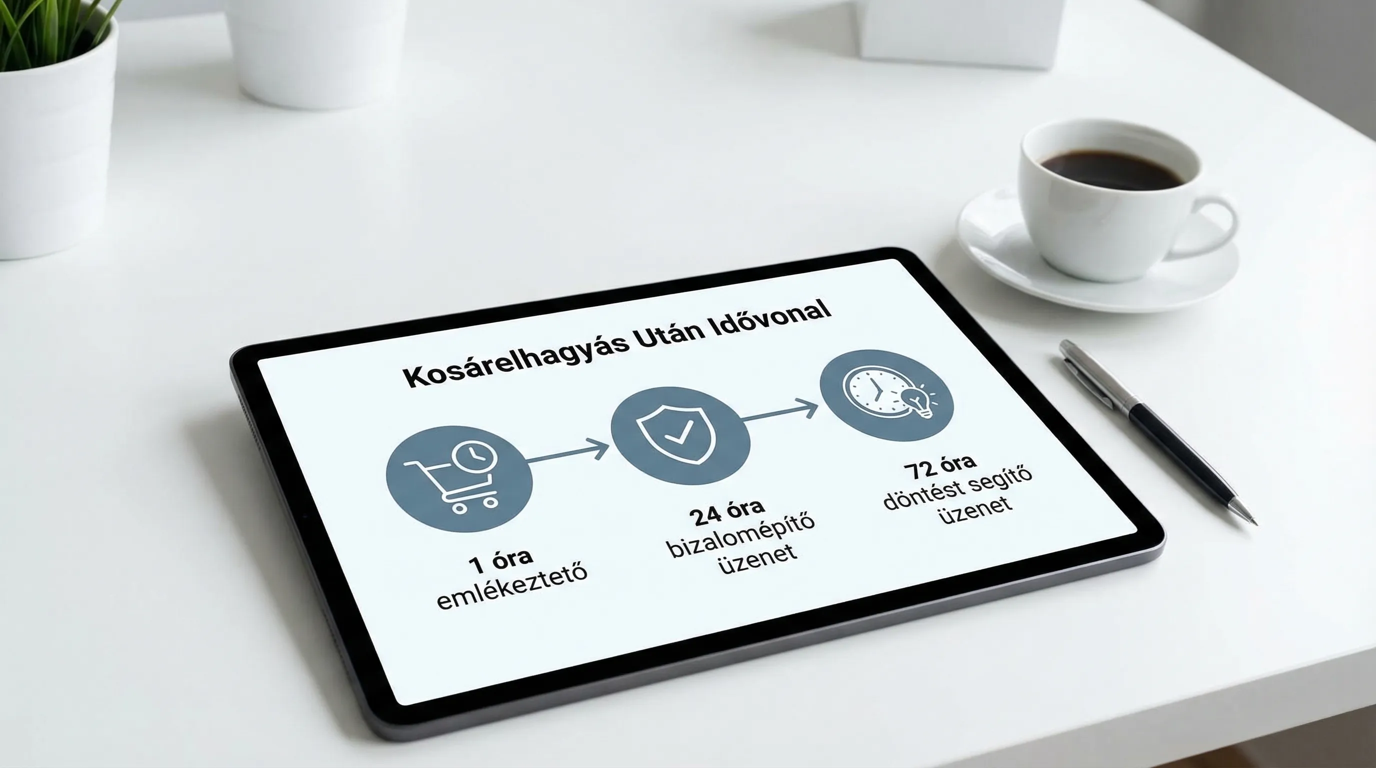 Egyszerű idővonal ábra kosárelhagyás után: 1 óra emlékeztető, 24 óra bizalomépítő üzenet, 72 óra döntést segítő üzenet. Mindháromnál ikonok: kosár, pajzs, óra.