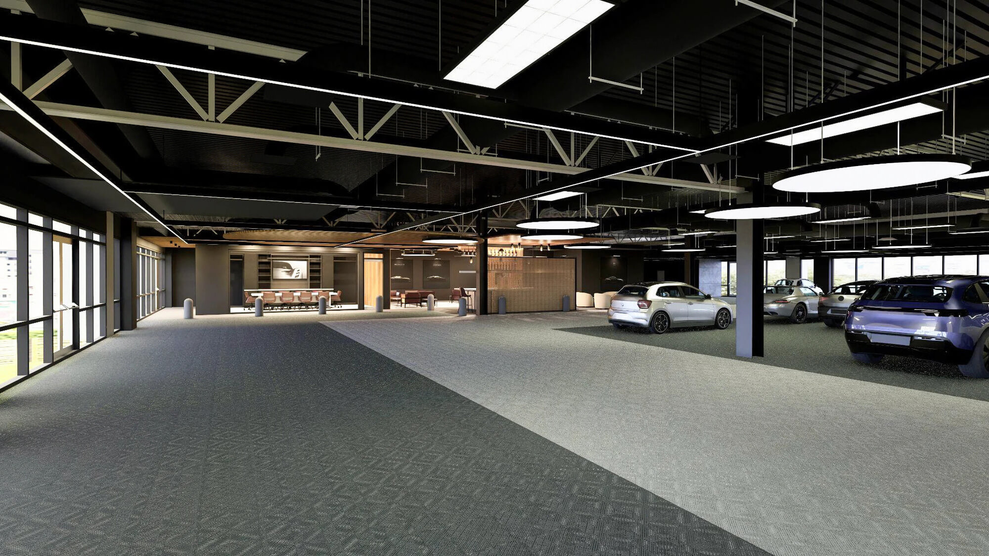 Architectural rendering of a commercial luxury automobile dealership showroom featuring modern overhead LED light fixtures, glass partitions, and executive lounge space.