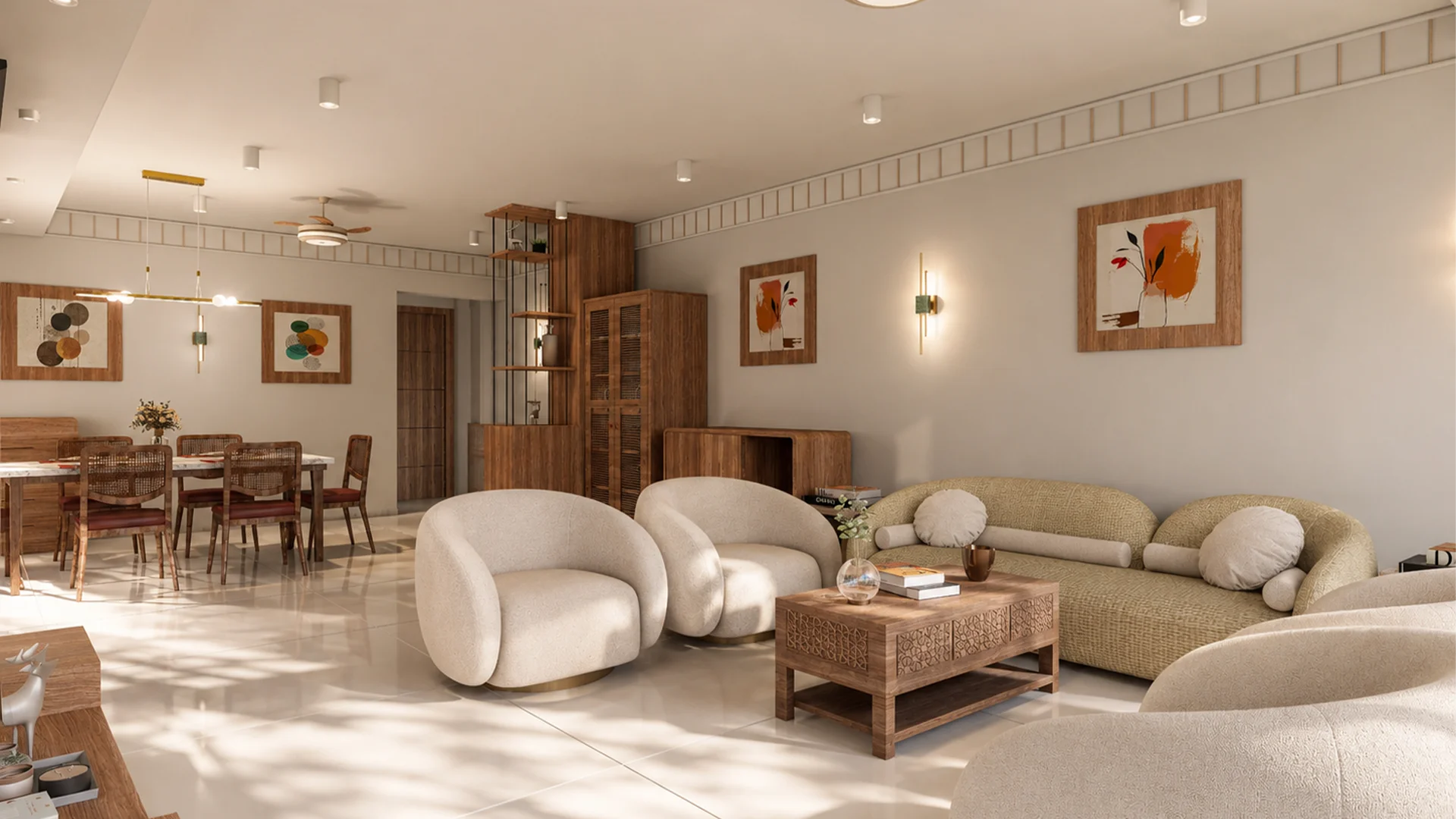Open-plan living and dining room with curved neutral seating, warm wood furniture, and minimalist artwork.