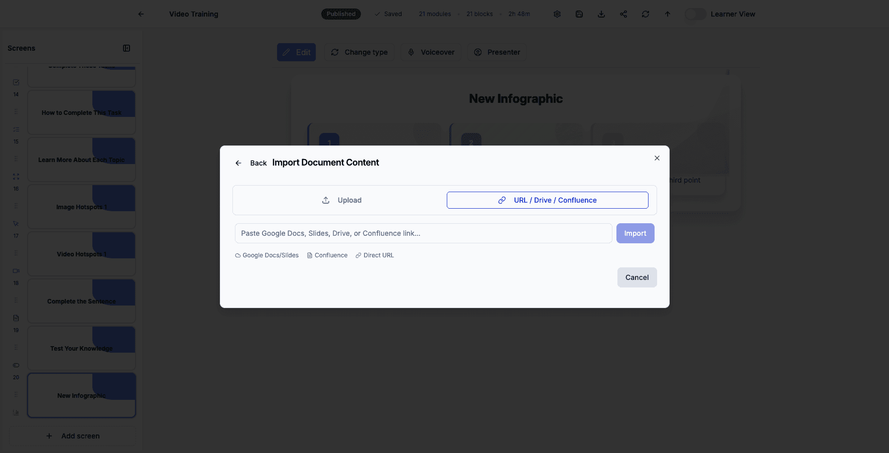Click Cancel to return to the course editor without importing.
