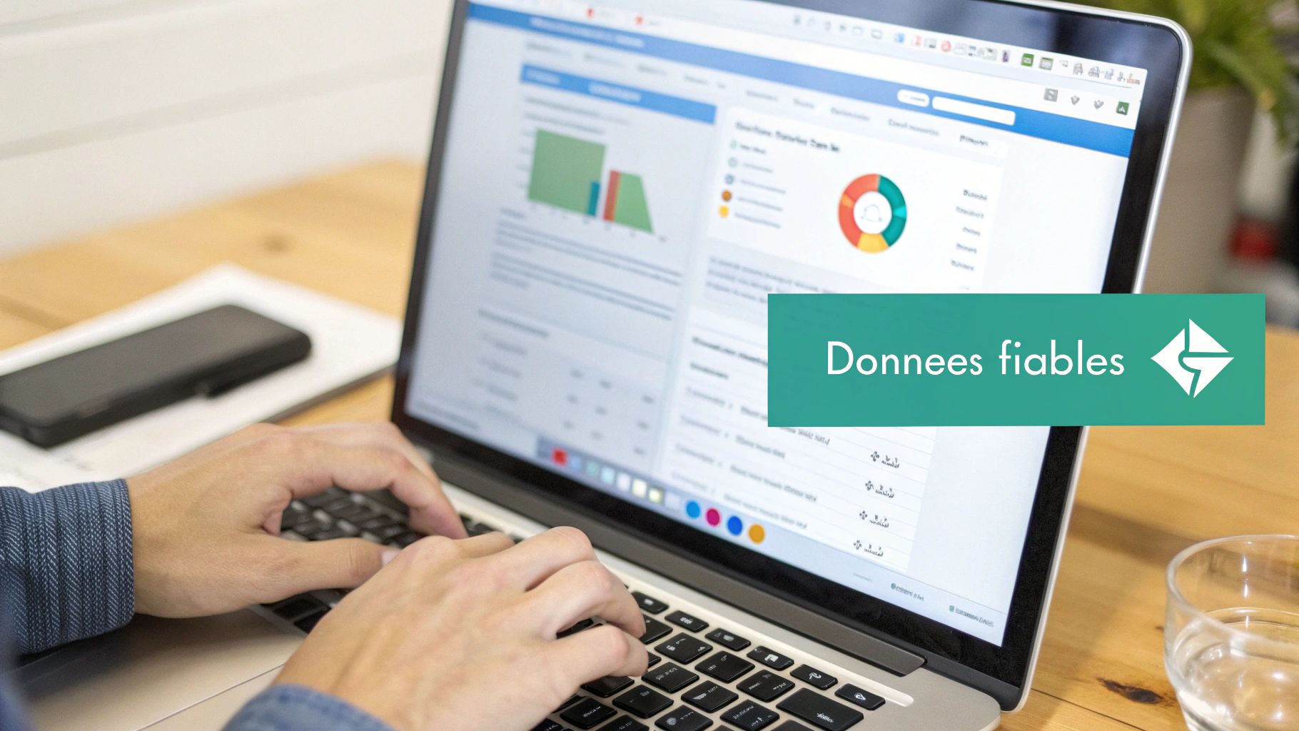 Personne tapant sur un ordinateur portable affichant des graphiques et des données, avec un bandeau vert