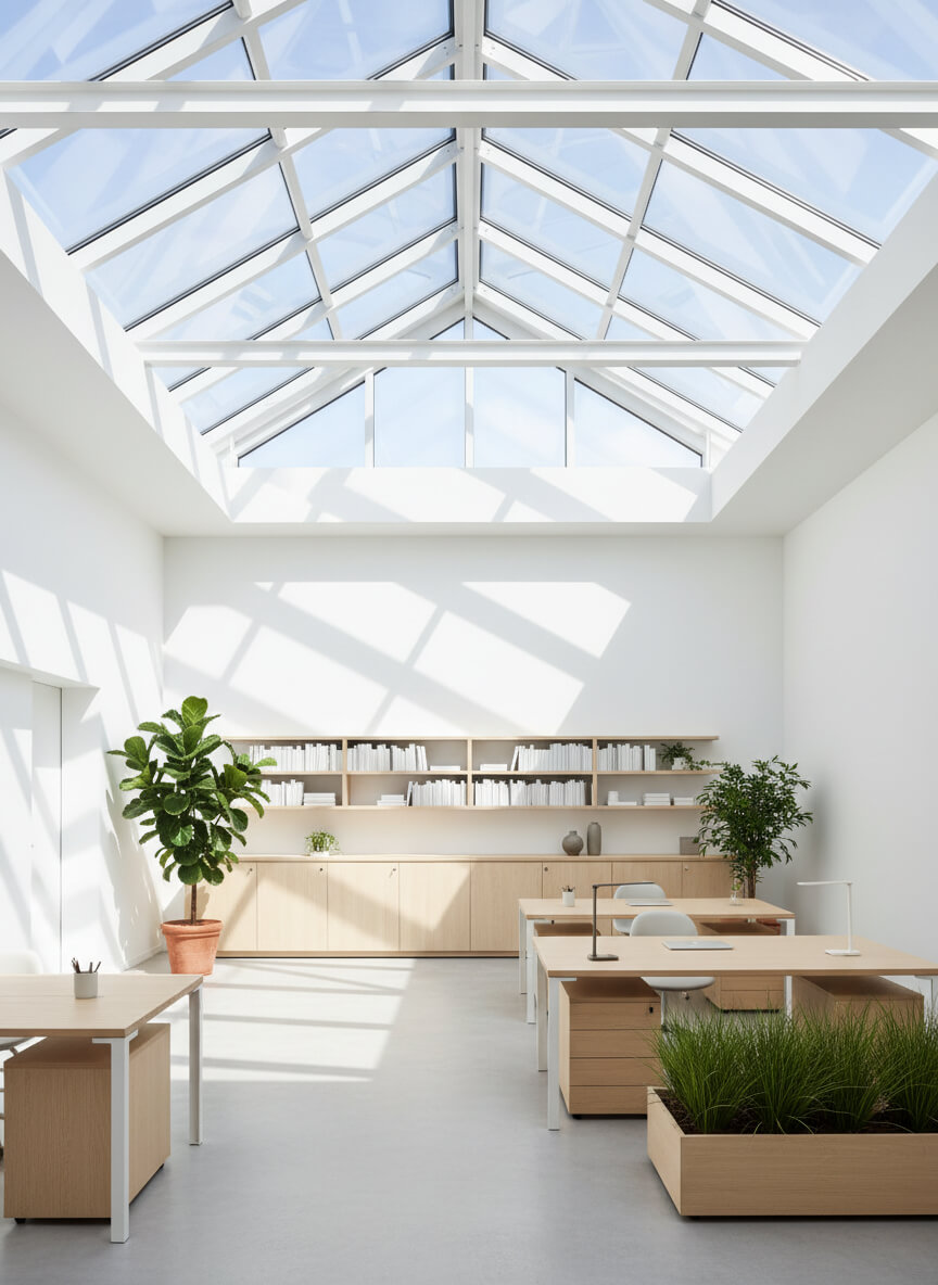 Bright workspace with skylights and clean white walls