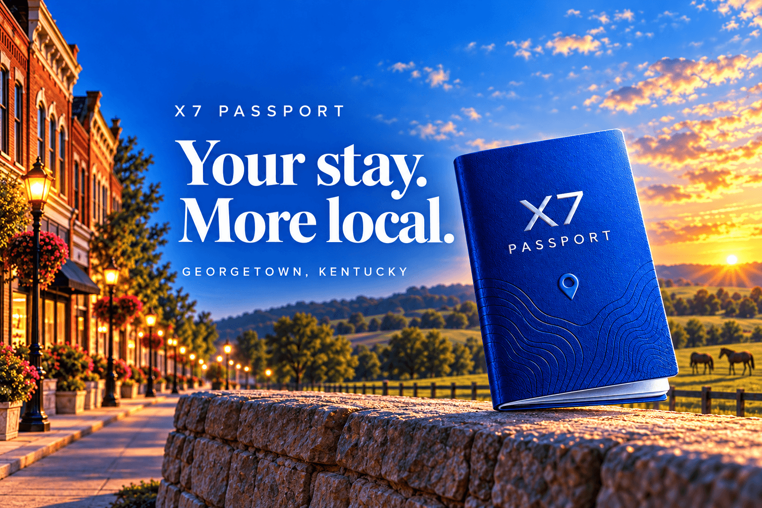 Blue X7 Passport book against a downtown streetscape and Kentucky horse-country sunset.