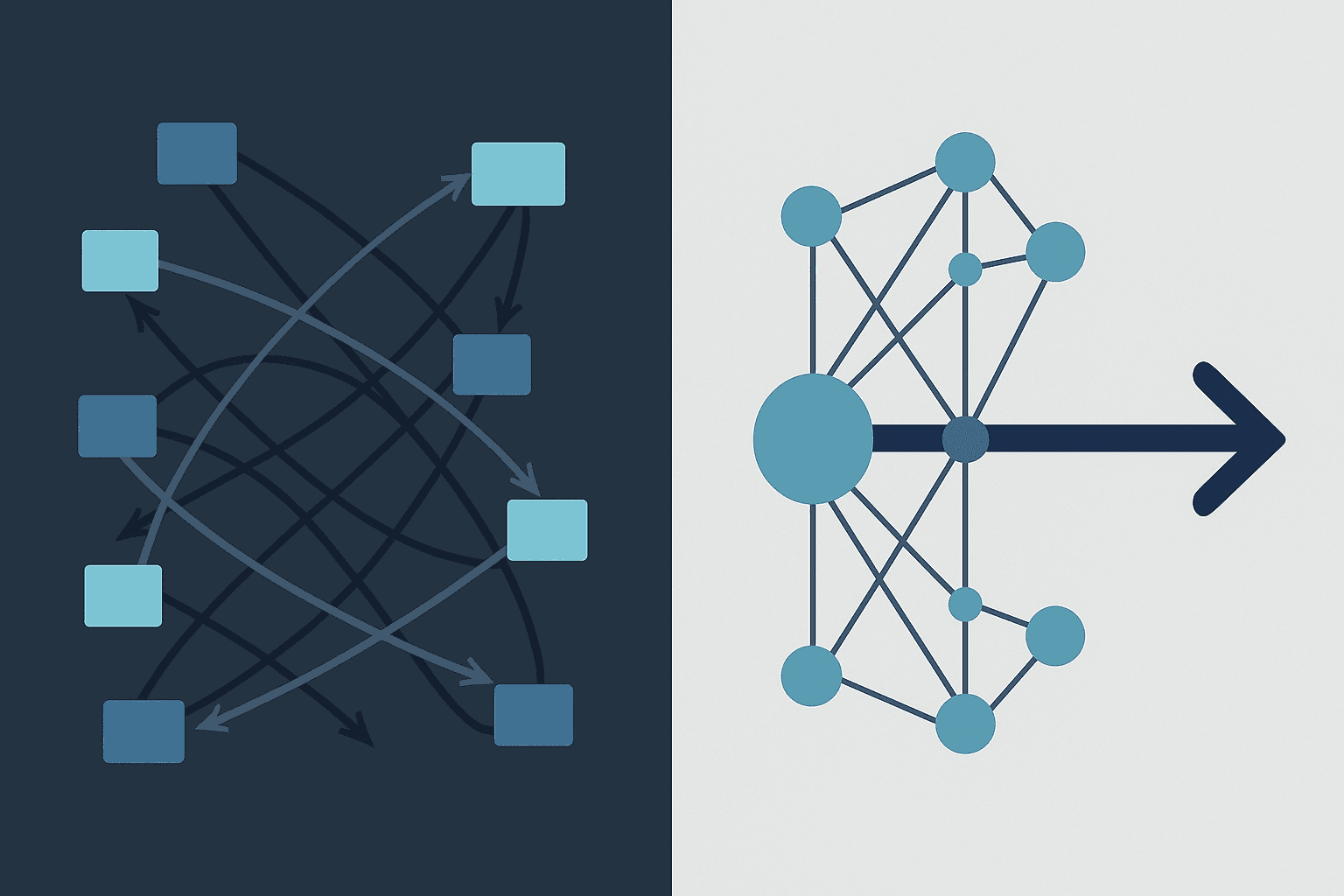 Side-by-side contrast of messy multi-gateway connections versus streamlined single AI-powered path