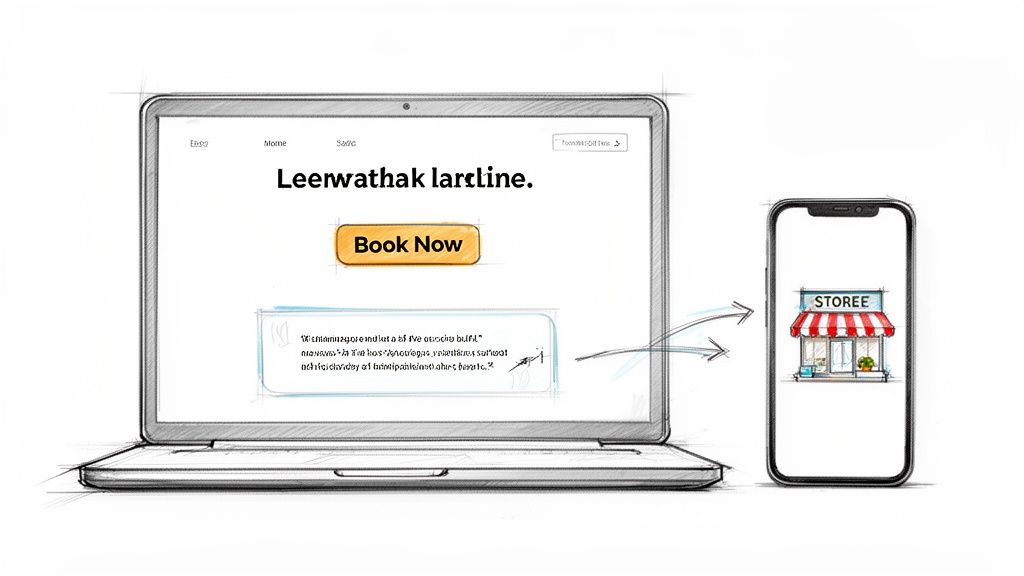 Sketch of a laptop displaying a 'Book Now' website, linked to a smartphone showing a 'STOREE' app, illustrating online presence.