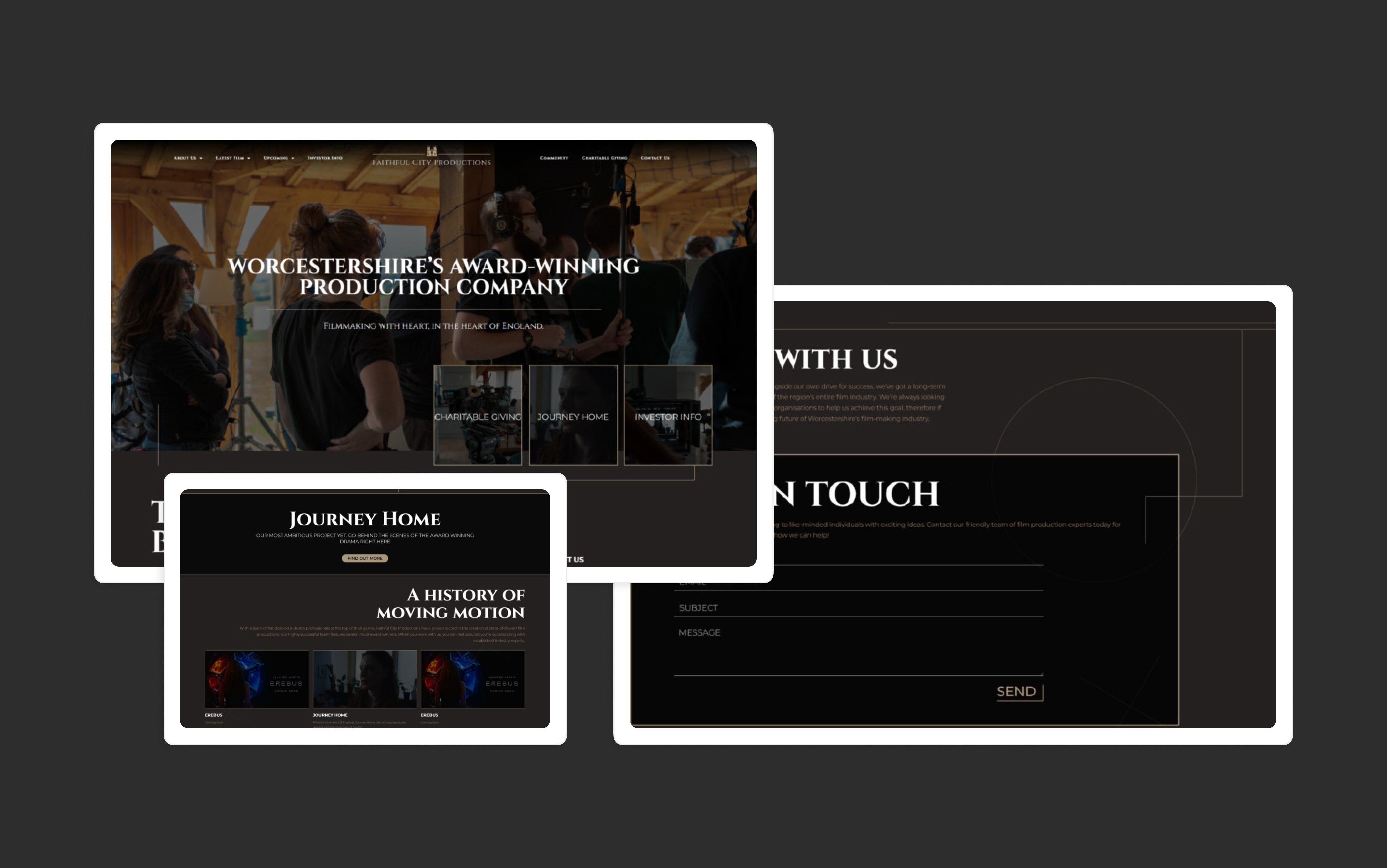 Three screenshots of a website designed for a film company