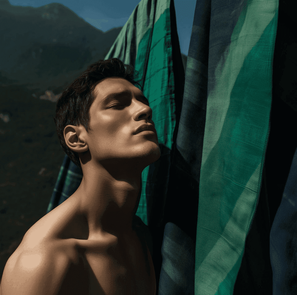 Shirtless man with closed eyes basks in sunlight near green and blue fabric, set against a serene mountain backdrop under a clear sky.