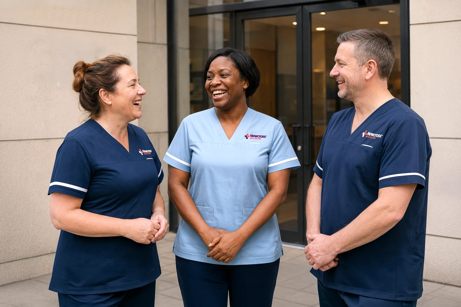 Newcross Healthcare professionals in navy uniforms outside a modern private healthcare clinic in the UK.