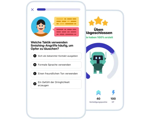 Ein Screenshot von Prventis unterhaltsamer gamifizierter Cybersecurity-Awareness-Trainings-App mit Trainingseinheiten im handlichen Format