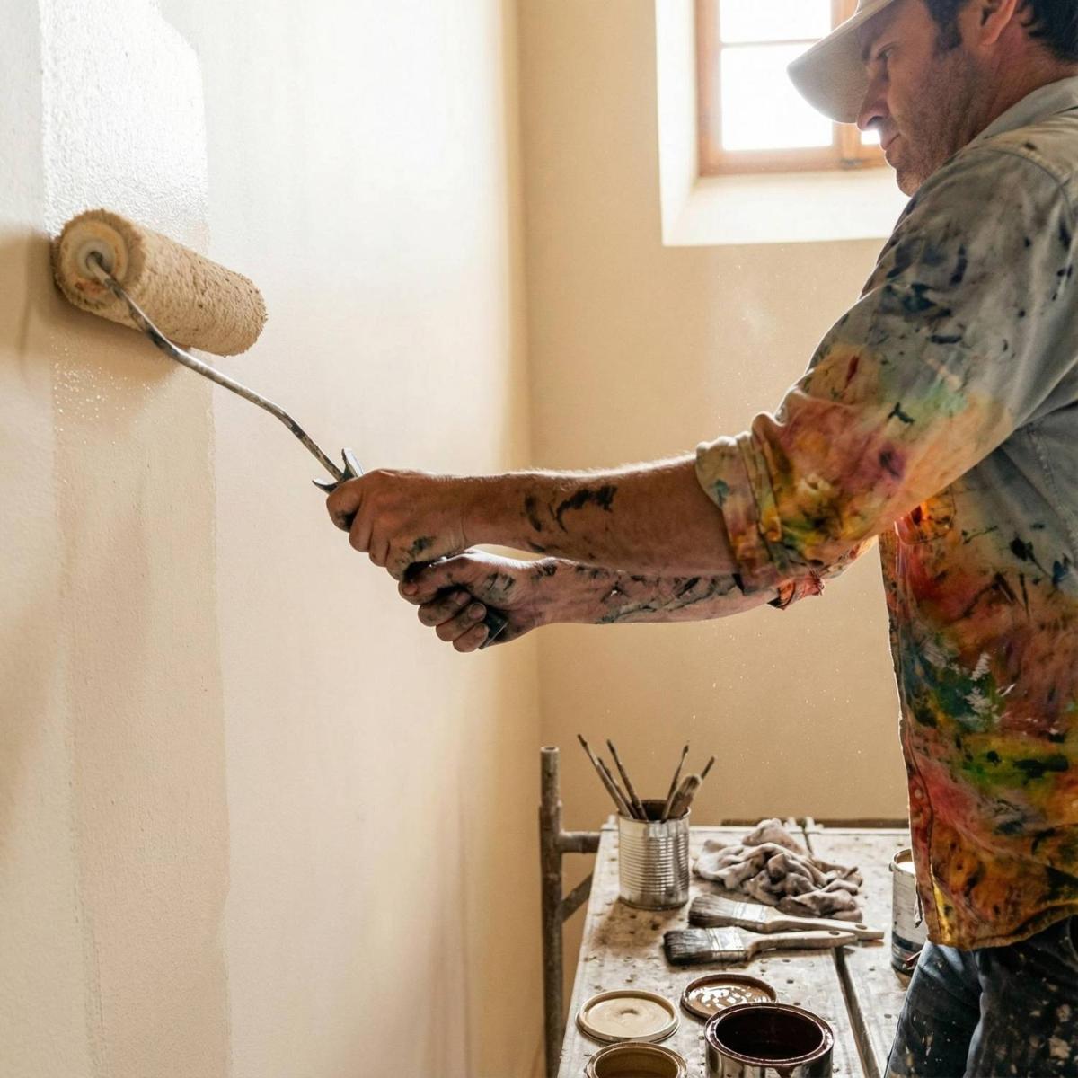 Peintre professionnel appliquant de la peinture dans une maison à Bergerac, Dordogne
