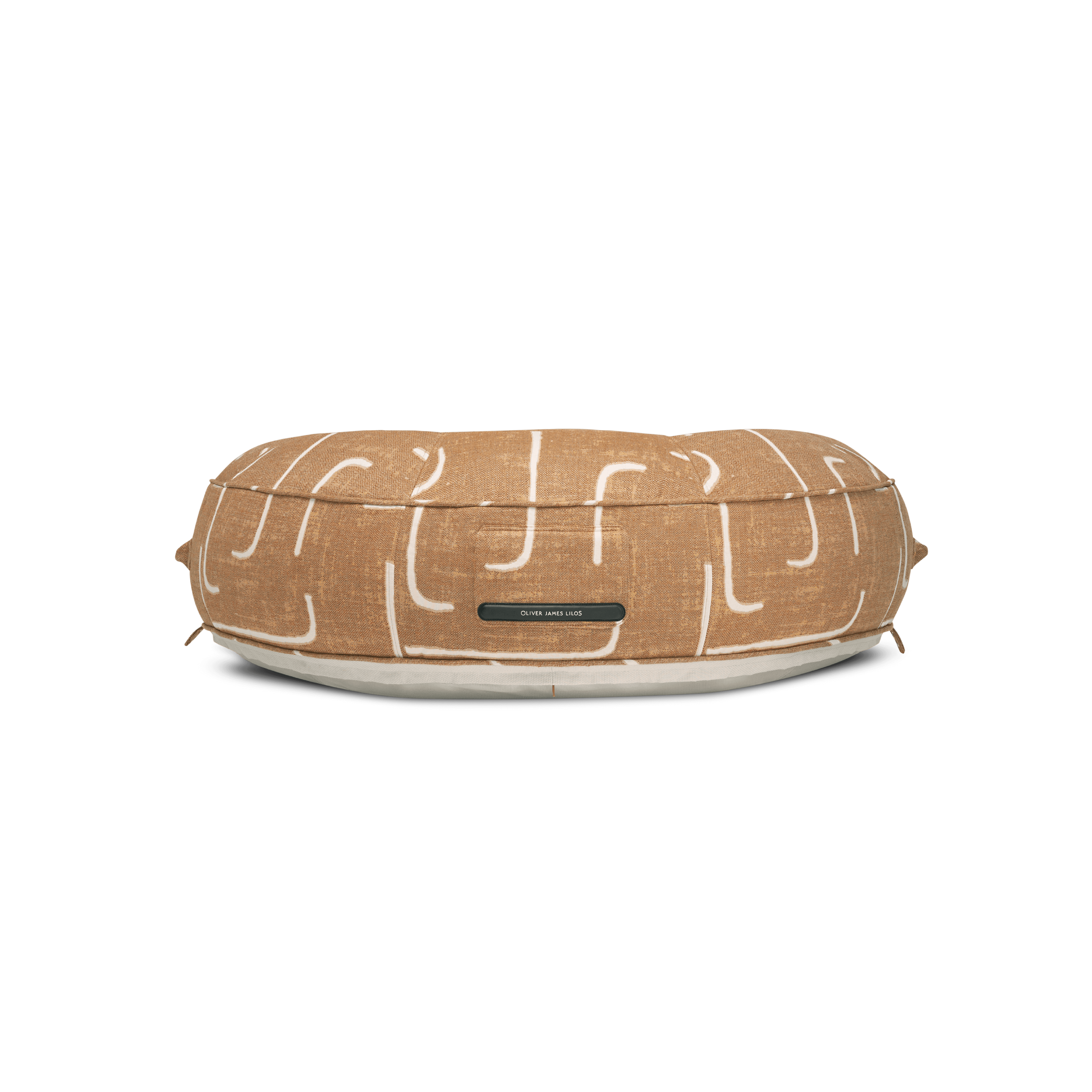 Ring pool float showing gold-and-brown heavy-weave panels and beige base