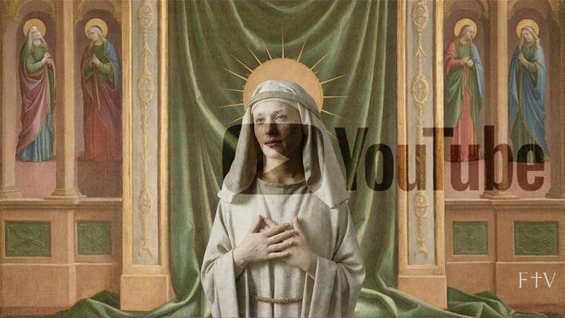 Sacred artwork by Faith and Verse. © Faith and Verse, 2026. All rights reserved. Traditional Catholic art—portrait of Saint Aldegundis of Maubeuge, virgin and abbess, shown before a frescoed wall of saints with a green draped cloth behind her, veiled YouTube play marker blended softly into the composition.