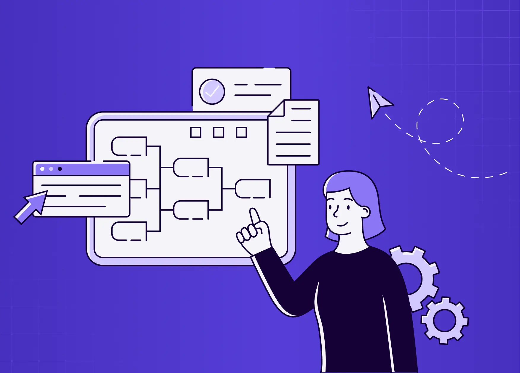 Illustration of a user managing a visual workflow system with process maps, automation tools, and task orchestration elements.