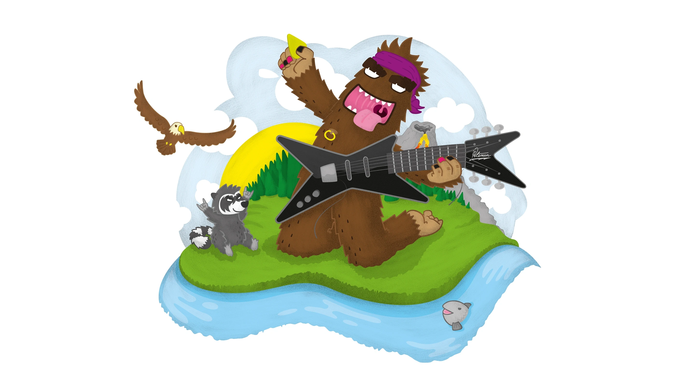 Big Foot rocking out with his guitar surrounded by his forest friends
